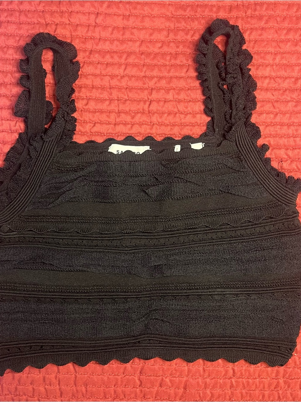 Sandro Black Cropped Pointelle-Knit Top Size 2/US 4-6 *EUC*